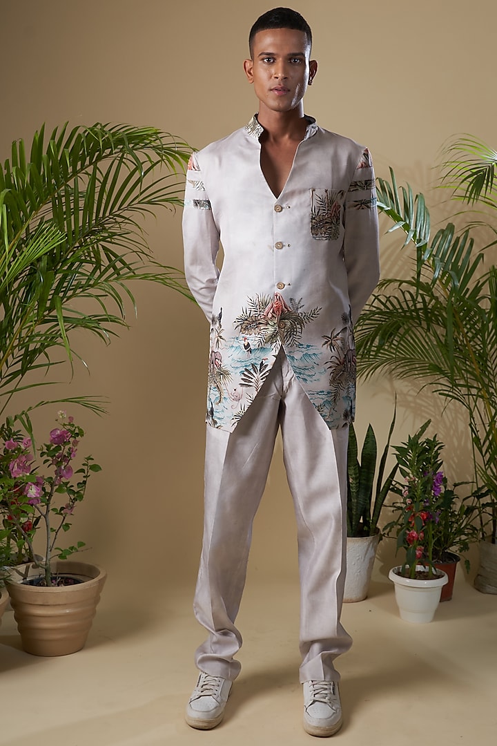 Grey Cotton Chanderi Tropical Printed Jacket Set by Soniya G Men