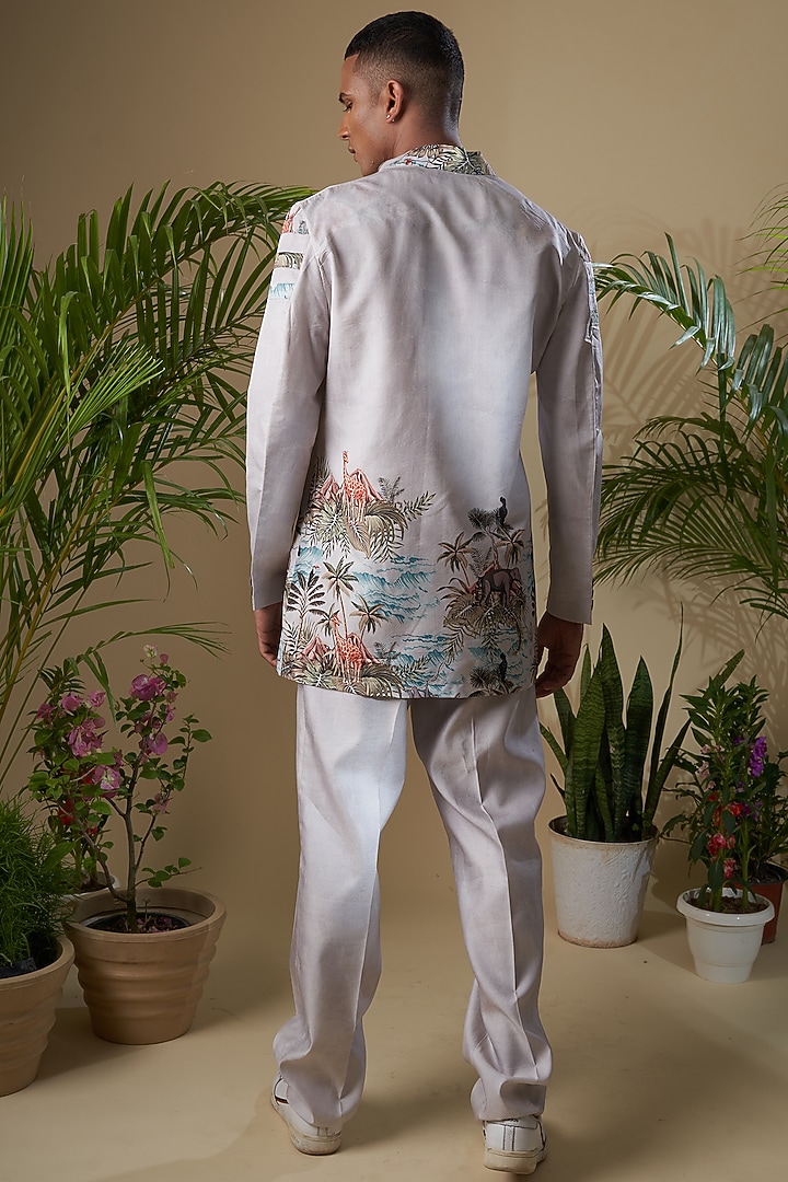 Grey Cotton Chanderi Tropical Printed Jacket Set by Soniya G Men at Pernia's Pop Up Shop