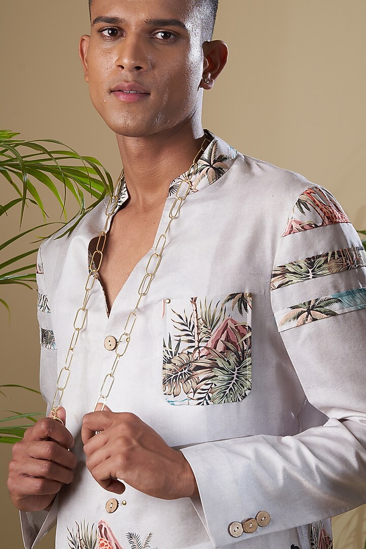 Grey Cotton Chanderi Tropical Printed Jacket Set by Soniya G Men at Pernia's Pop Up Shop