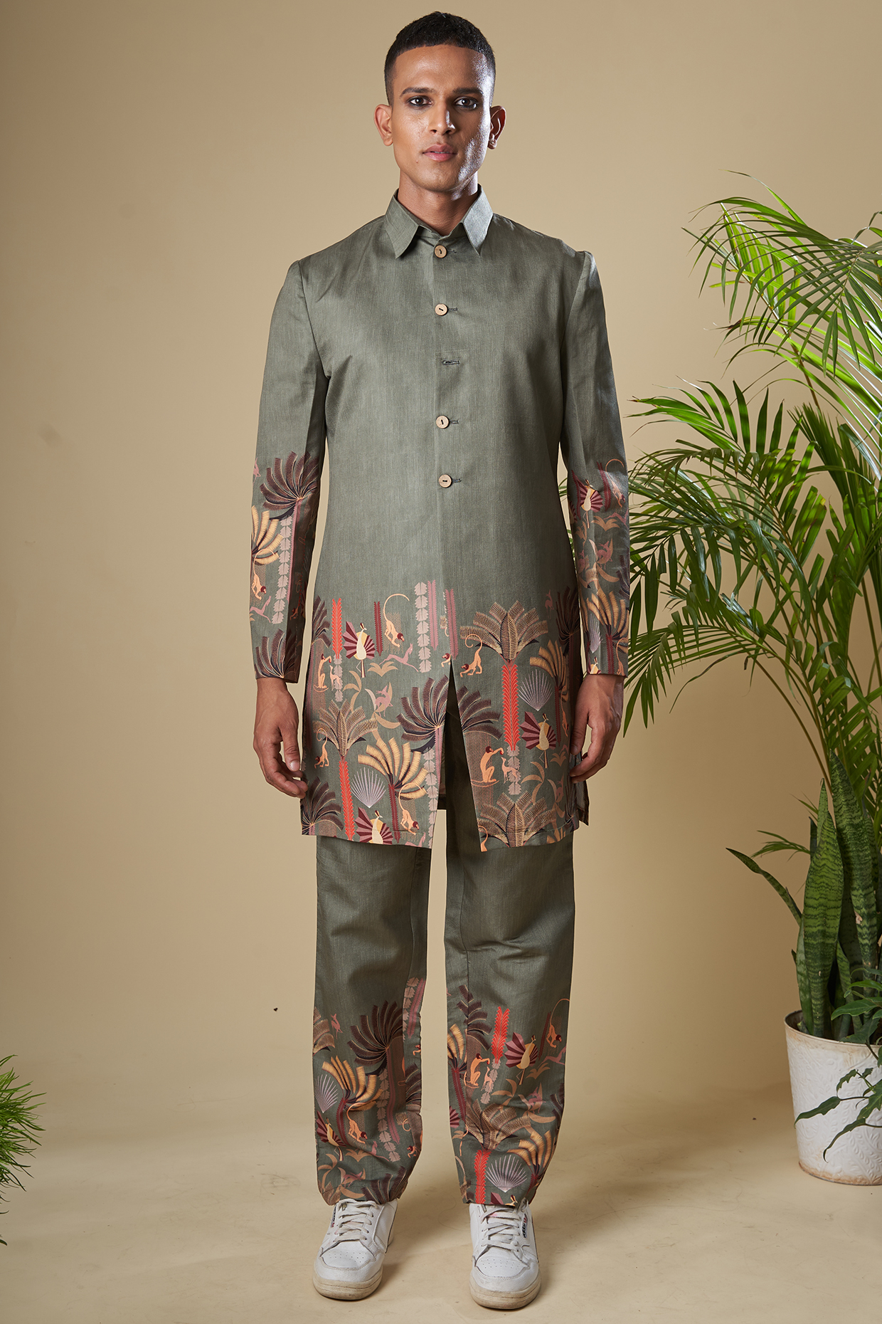 Green Cotton Silk Tropical Printed Jacket Set by Soniya G Men