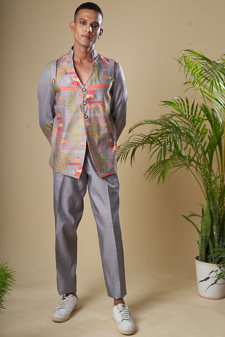 Grey Cotton Silk Pant Set by Soniya G Men at Pernia's Pop Up Shop