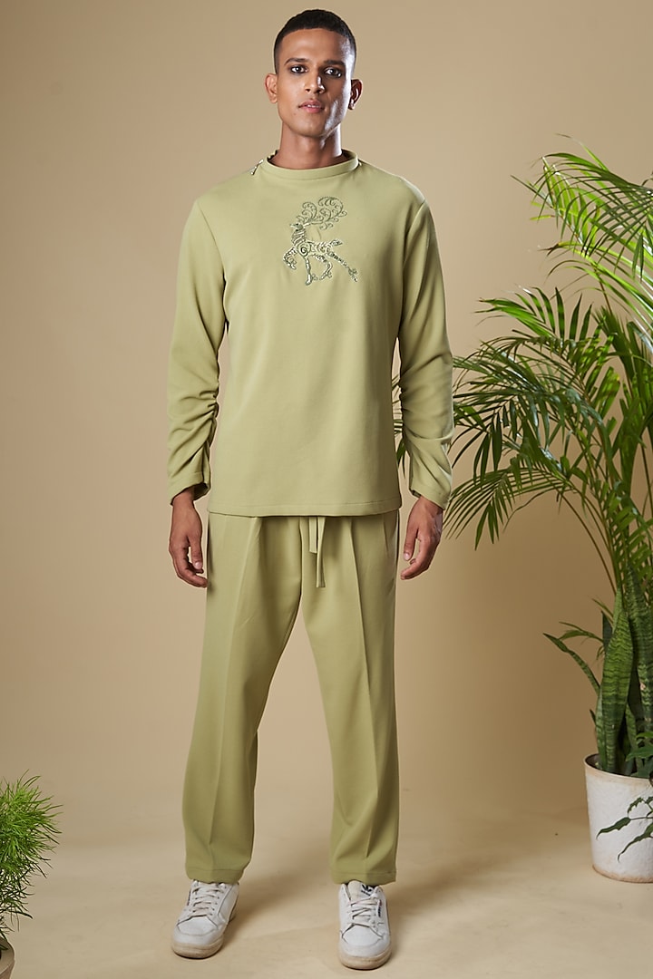 Pastel Green Cotton Lycra Pant Set by Soniya G Men