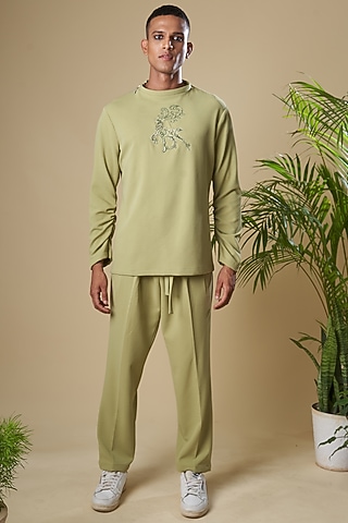 Pastel Green Cotton Lycra Pant Set by Soniya G Men