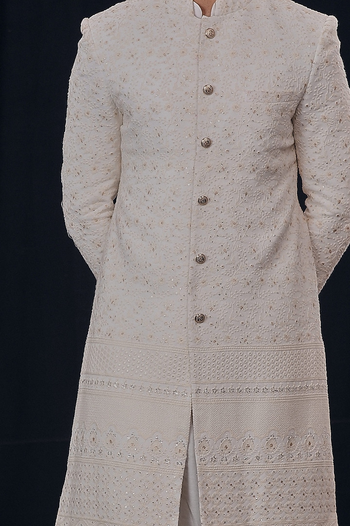 Off White Lucknowi Wedding Sherwani Set With Jutti by Soniya G Men