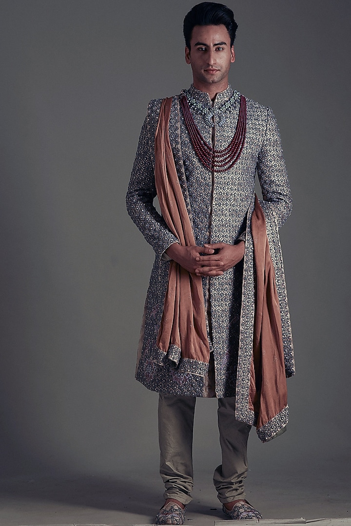 Pista Embroidered Groom Sherwani Set With Accessories by Soniya G Men at Pernia's Pop Up Shop