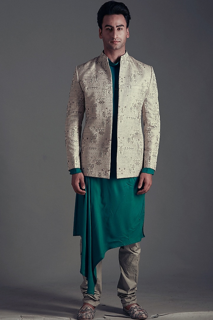 Beige Kurta Set With Embroidered Jacket by Soniya G Men