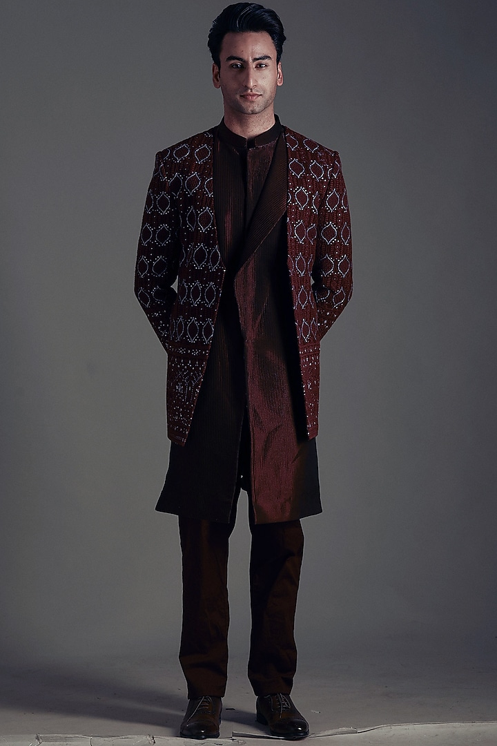 Wine Lucknowi Jacket Set by Soniya G Men at Pernia's Pop Up Shop