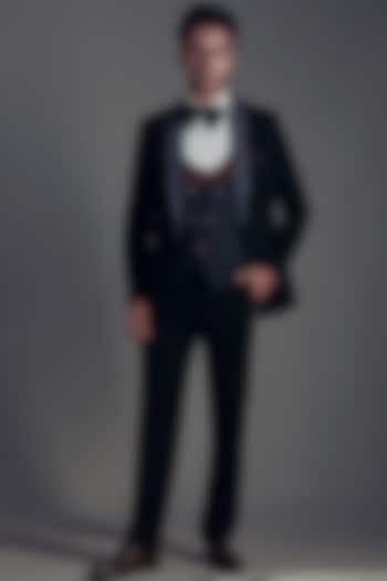 Black Italian Crepe Embroidered Tuxedo Set by Soniya G Men