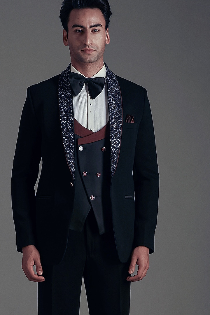 Black Italian Crepe Embroidered Tuxedo Set by Soniya G Men at Pernia's Pop Up Shop