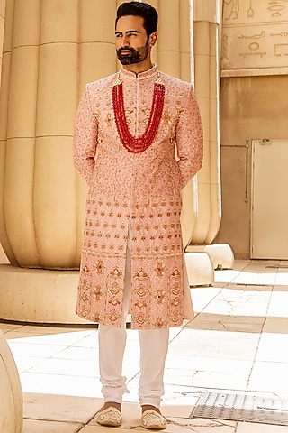 Pink Embroidered Sherwani Set by Soniya G Men
