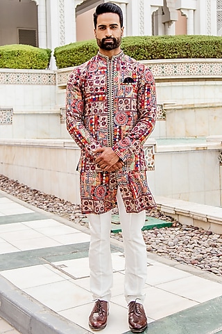 Multi-Colored Silk Printed Nehru Jacket Set by Soniya G Men