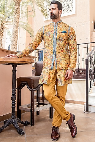Mustard Silk Printed Nehru Jacket Set by Soniya G Men