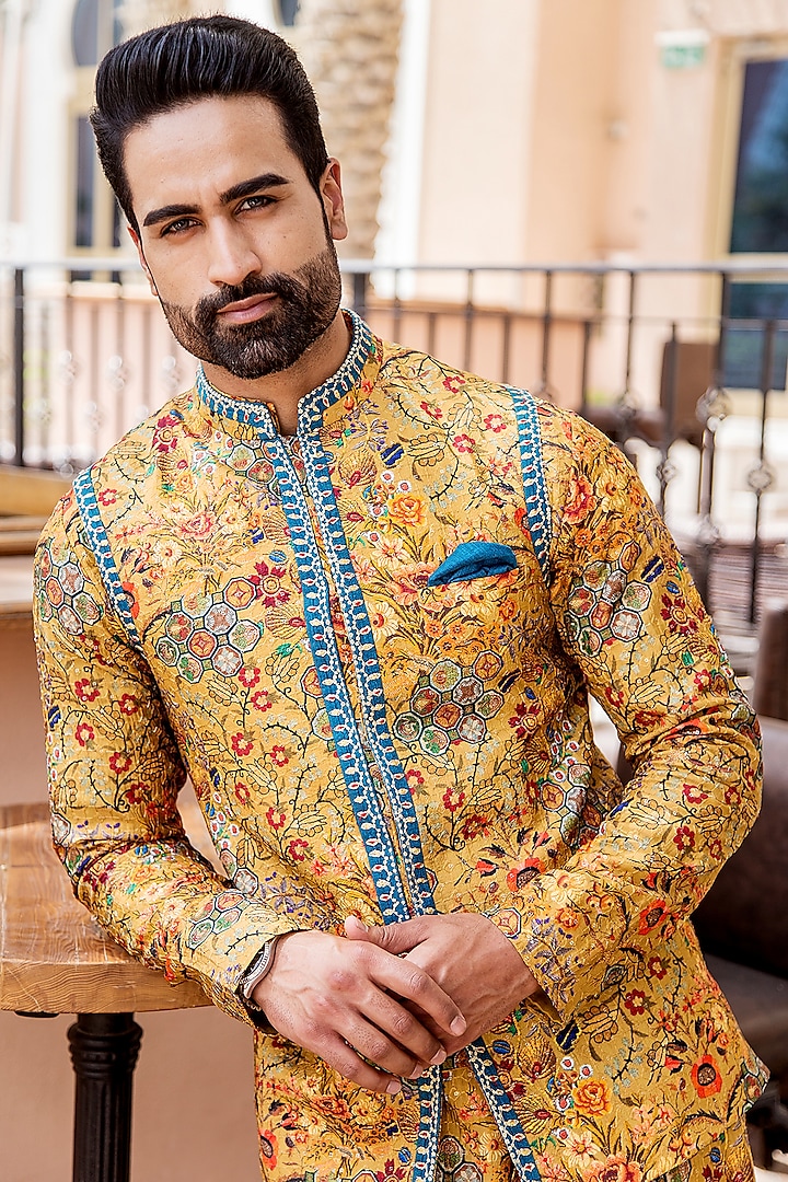 Mustard Silk Printed Nehru Jacket Set by Soniya G Men at Pernia's Pop Up Shop