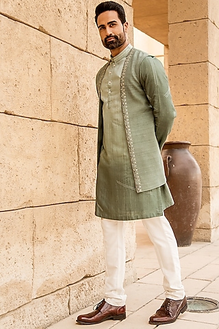 Pastel Pista Kurta Set With Embroidered Open Jacket by Soniya G Men