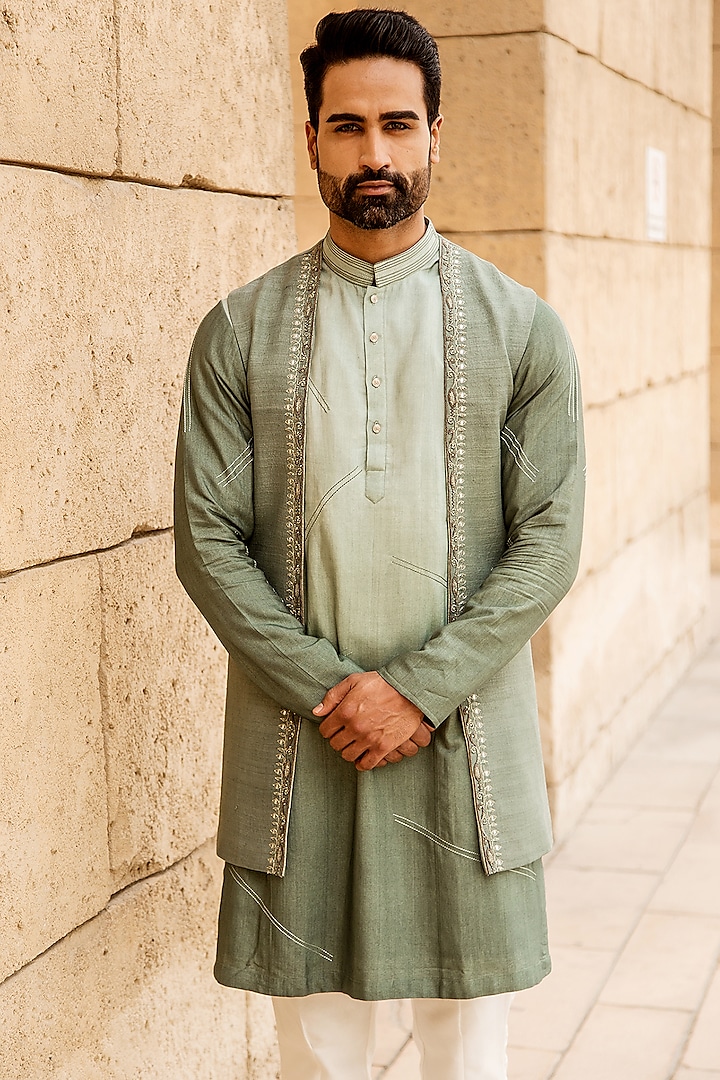 Pastel Pista Kurta Set With Embroidered Open Jacket by Soniya G Men at Pernia's Pop Up Shop