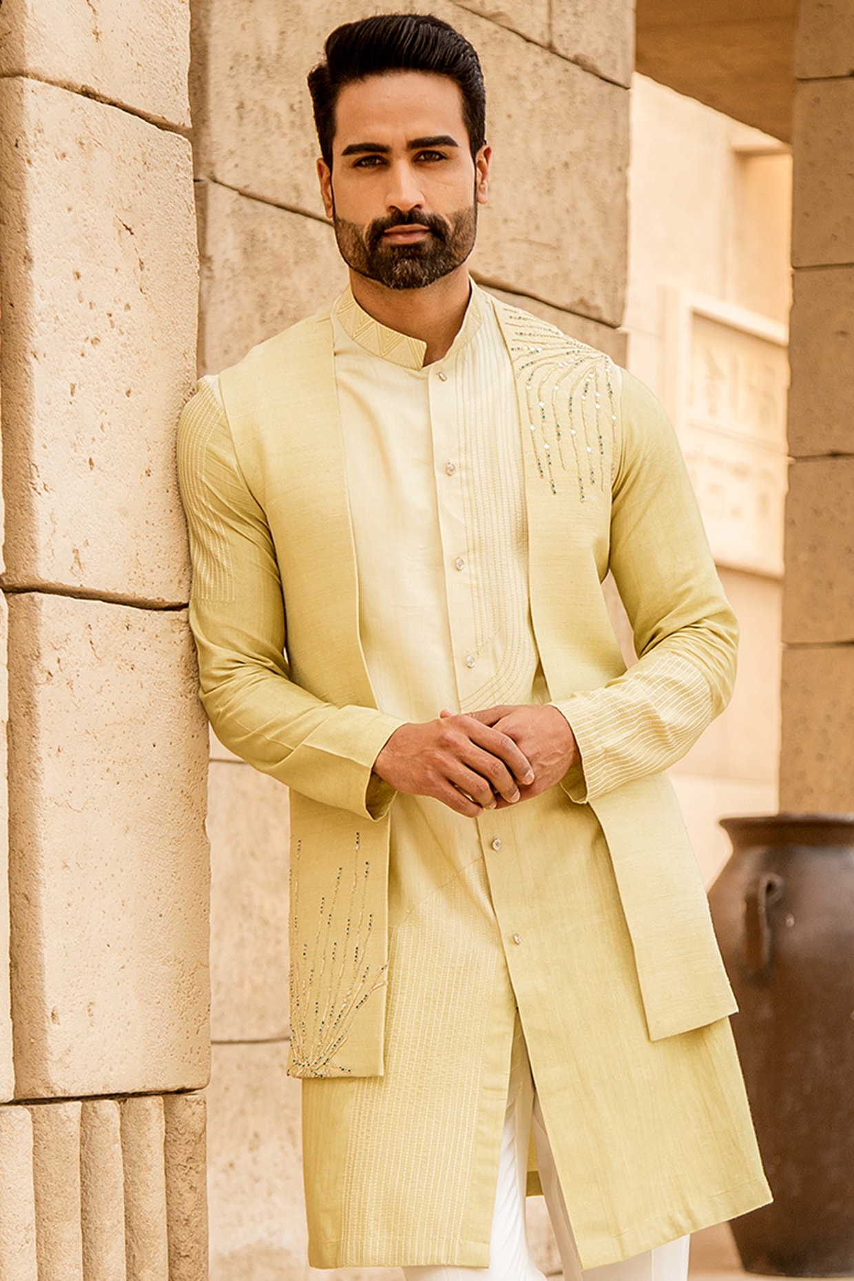 Men's Black Embroidered Mirror Work Jacket With Solid Cream Front Open  Kurta And Pant Set - Absolutely Desi