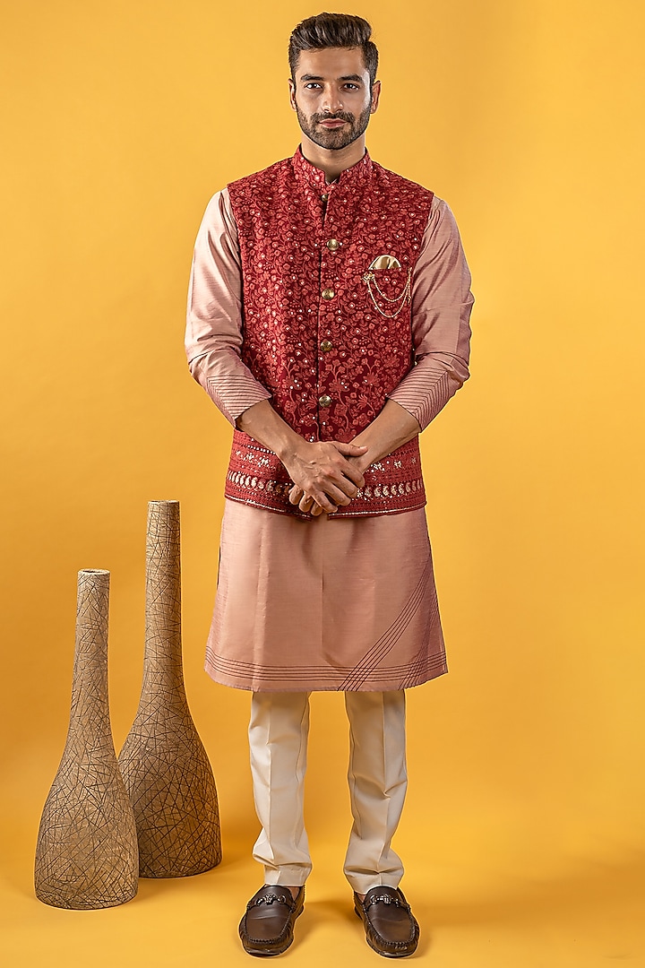 Carrot-Colored Lucknowi Thread Work Bundi Jacket Set by Soniya G Men