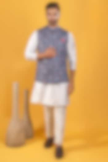 Blue Printed Bundi Jacket With Kurta Set by Soniya G Men at Pernia's Pop Up Shop