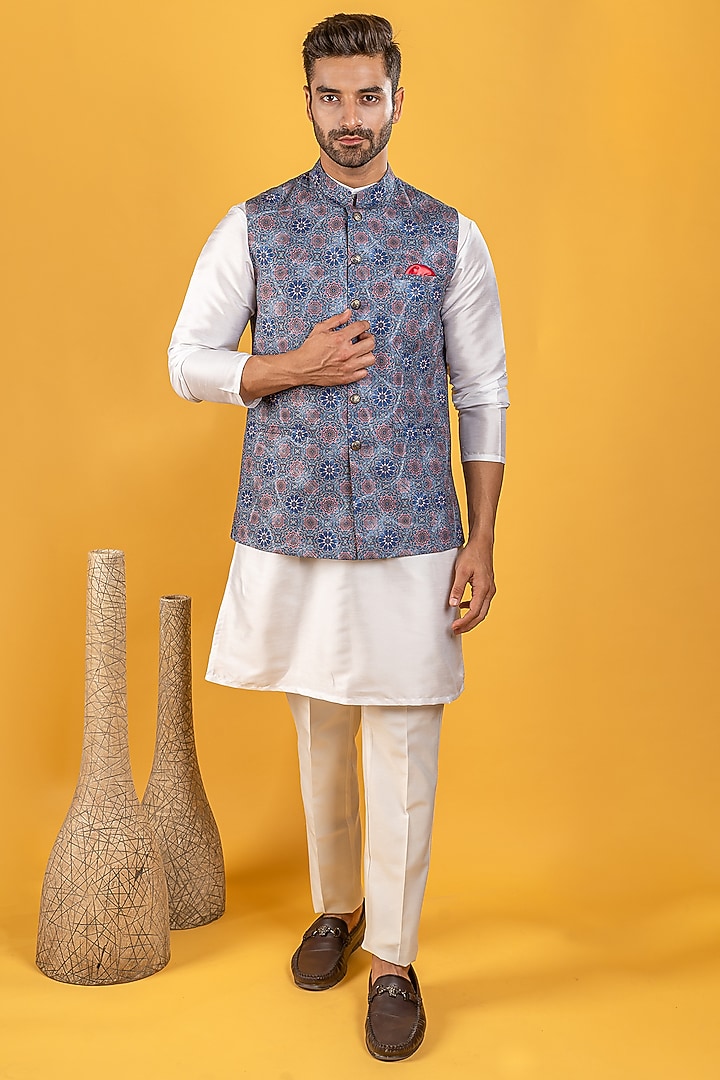Blue Printed Bundi Jacket With Kurta Set by Soniya G Men at Pernia's Pop Up Shop