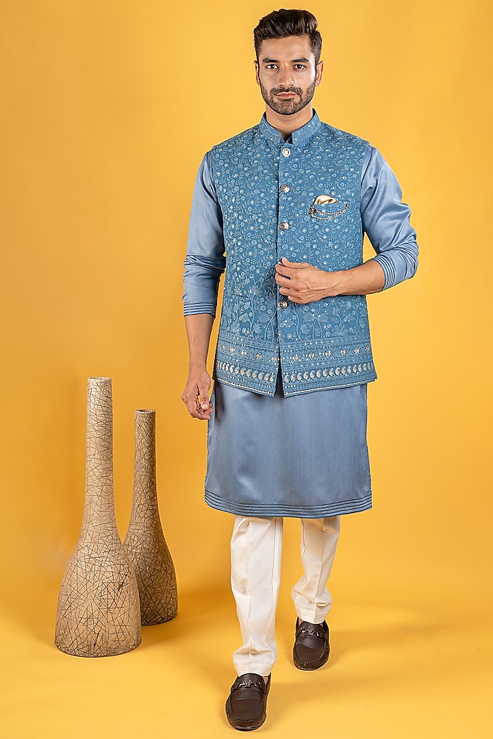 Blue Lucknowi Bundi Jacket With Kurta Set by Soniya G Men