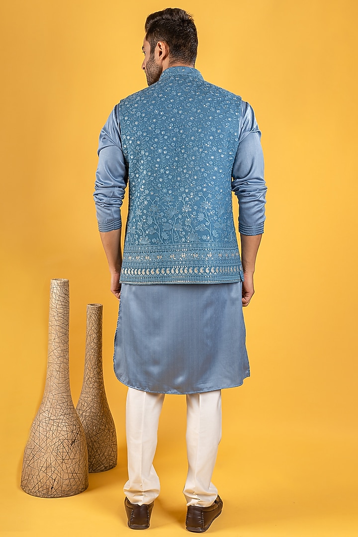 Blue Lucknowi Bundi Jacket Set by Soniya G Men at Pernia's Pop Up Shop