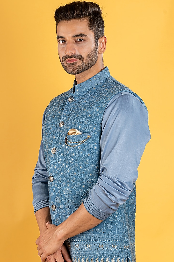 Blue Lucknowi Bundi Jacket Set by Soniya G Men at Pernia's Pop Up Shop