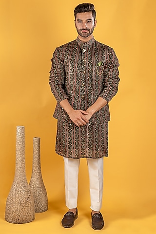Brown Silk Printed Bundi Jacket Set by Soniya G Men