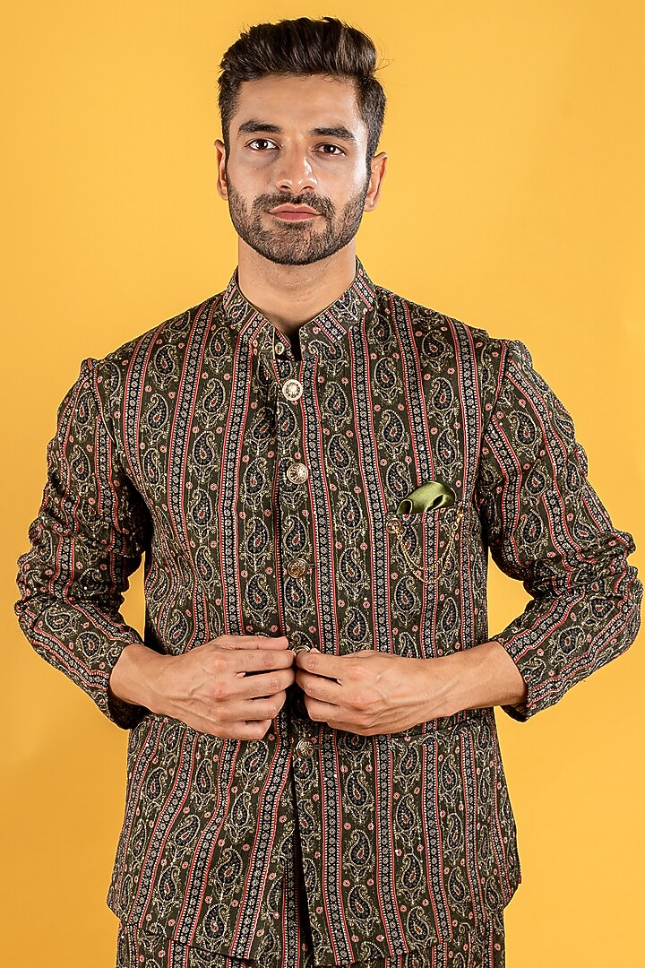 Brown Silk Printed Bundi Jacket Set by Soniya G Men at Pernia's Pop Up Shop