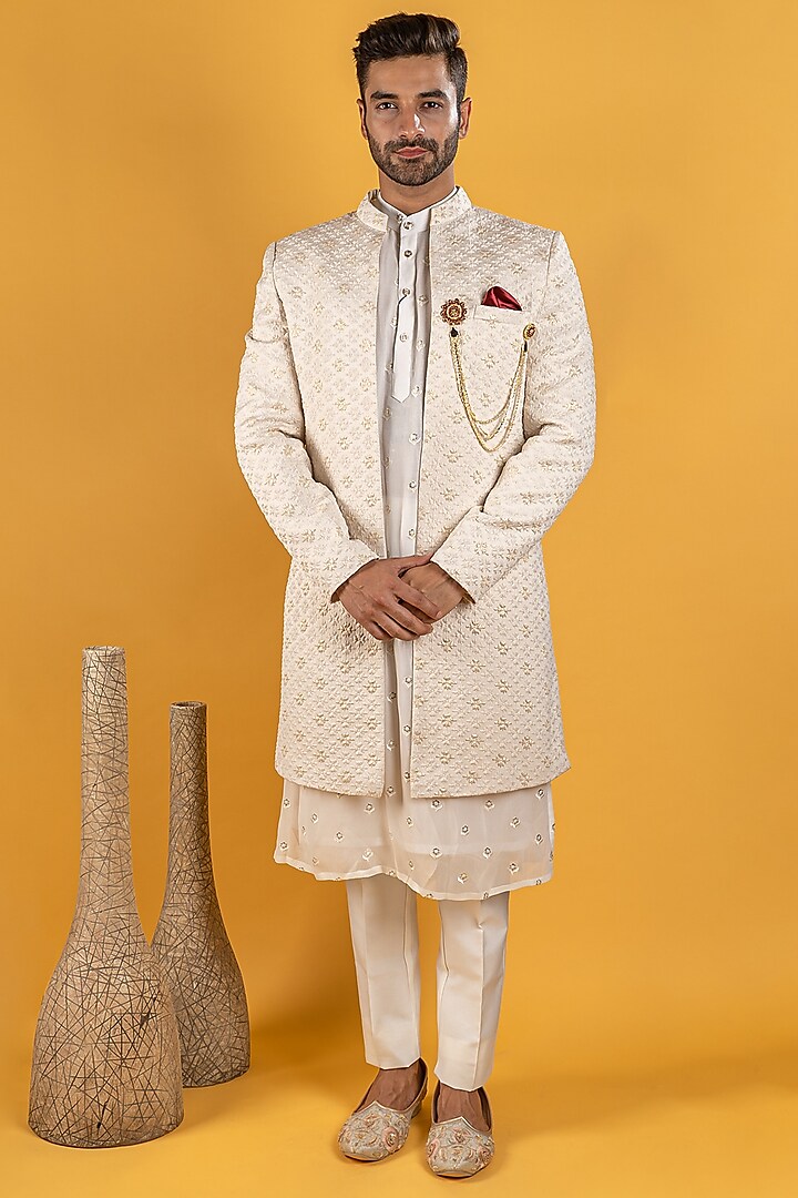 Off-White Embroidered Indo-Western Jacket Set by Soniya G Men