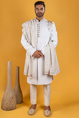 Off-White Embroidered Sherwani Set by Soniya G Men