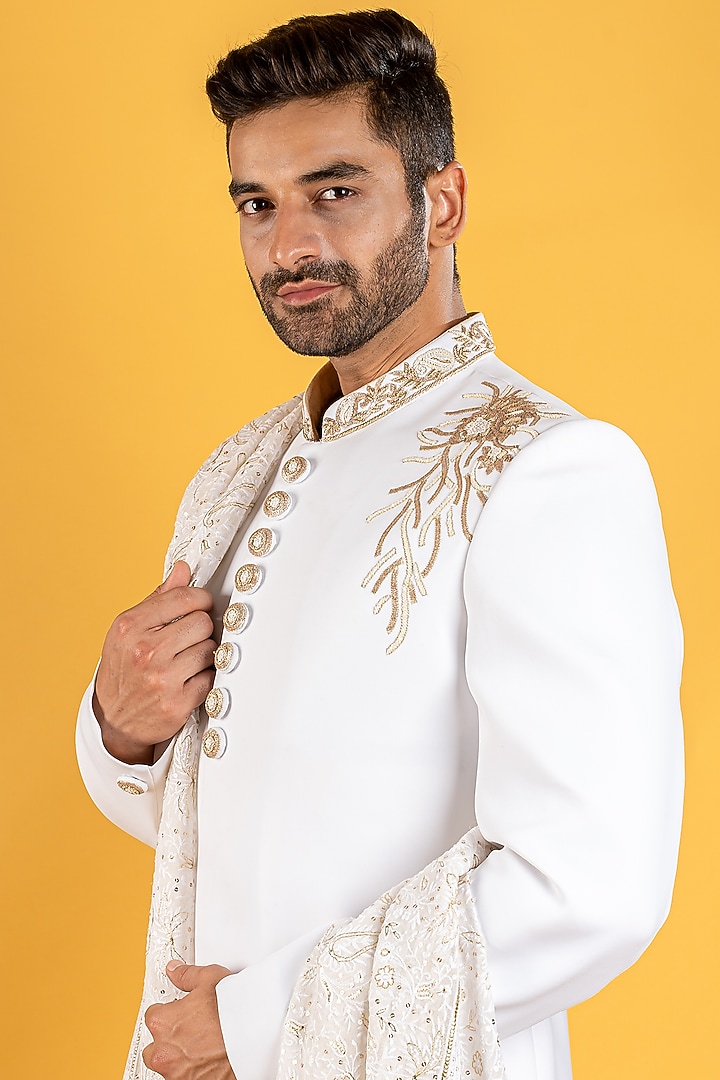 Off-White Embroidered Wedding Sherwani Set by Soniya G Men at Pernia's Pop Up Shop