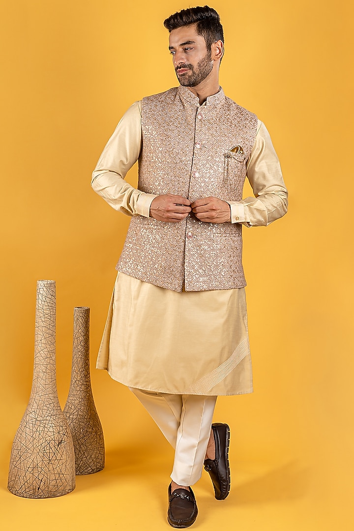 Golden Printed Bundi Jacket With Kurta Set by Soniya G Men