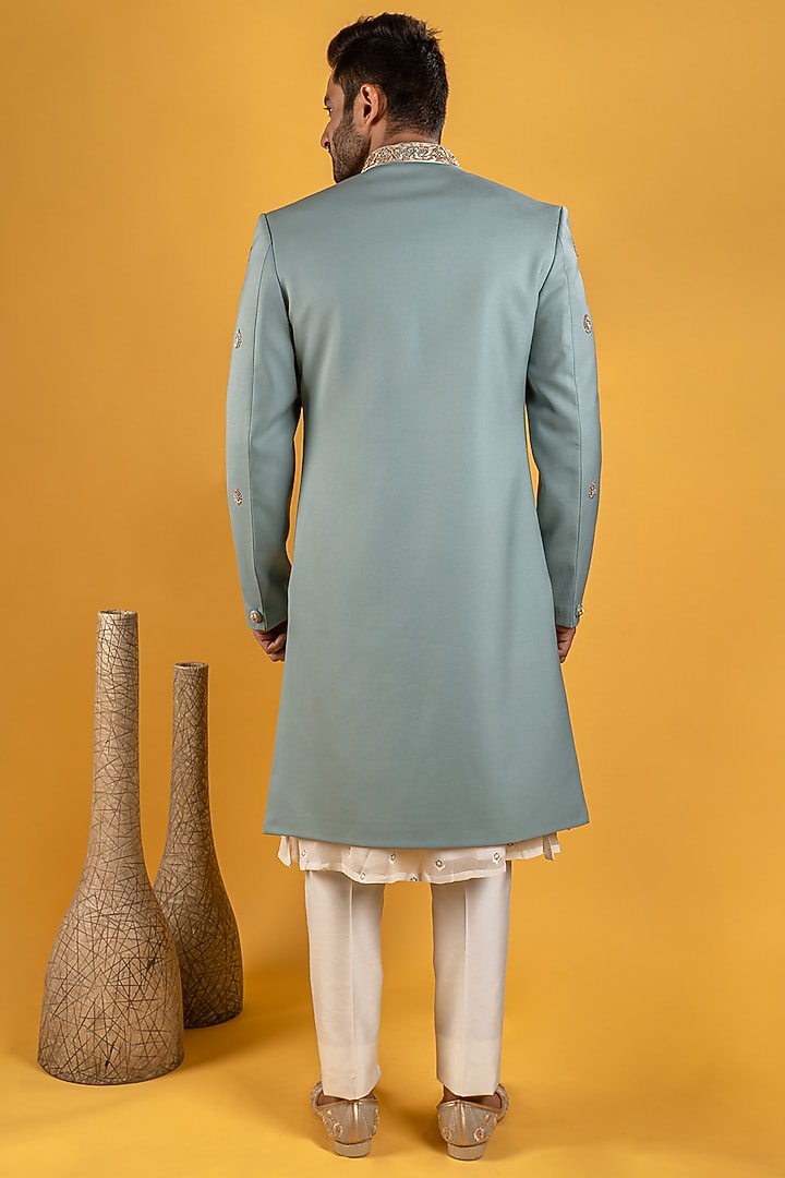 Duckegg Blue Crepe Wedding Sherwani Set by Soniya G Men at Pernia's Pop Up Shop