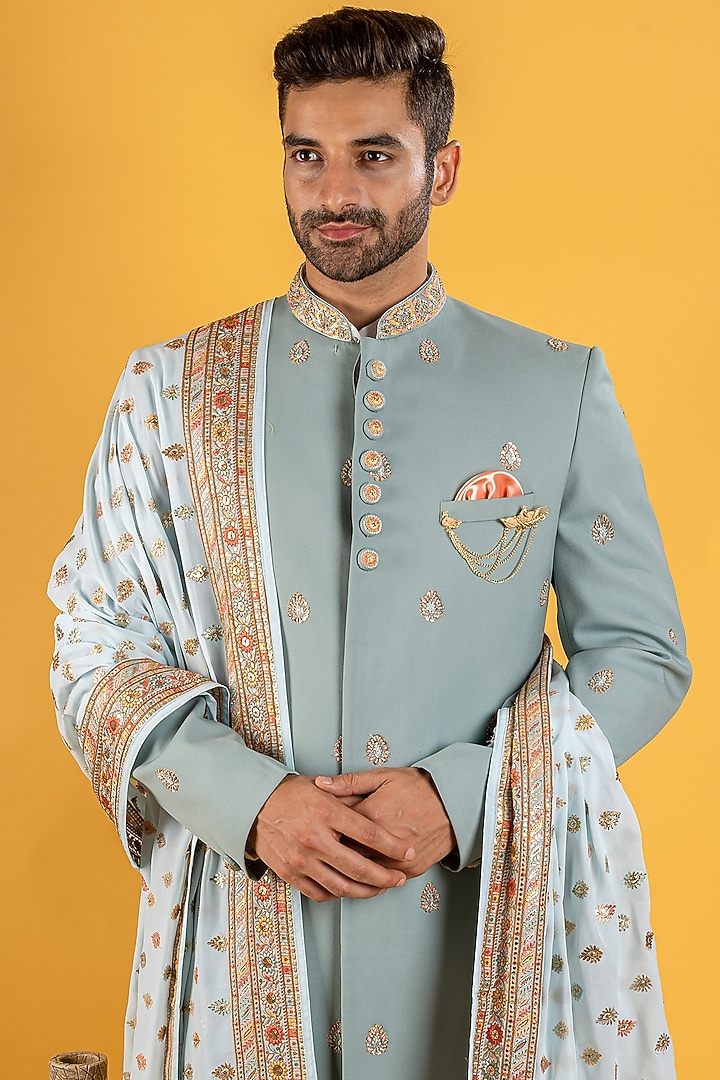 Duckegg Blue Crepe Wedding Sherwani Set by Soniya G Men at Pernia's Pop Up Shop