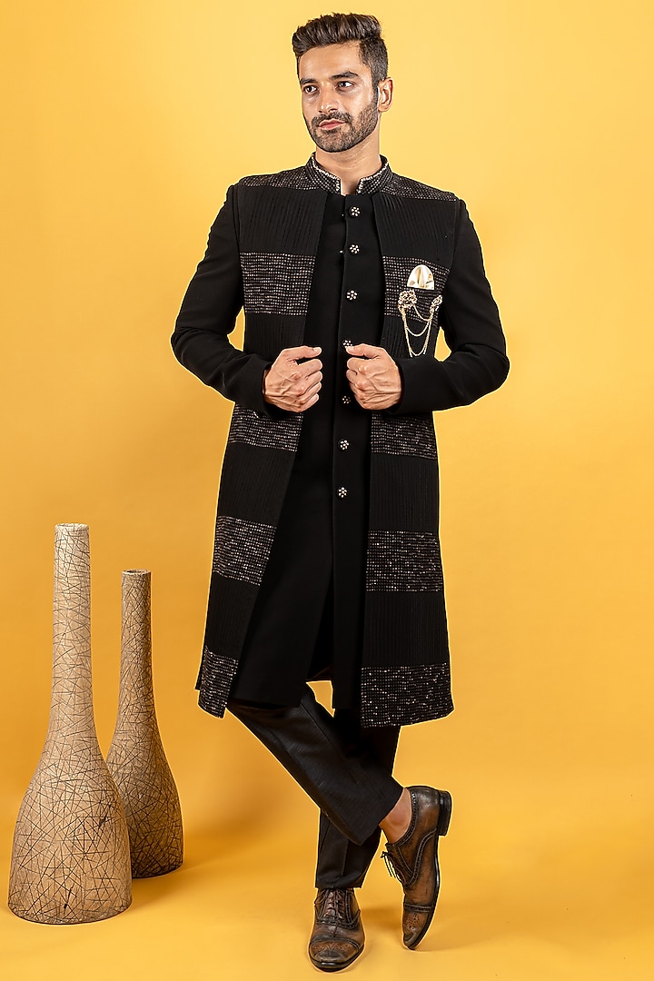 Black Crepe Printed Indo-Western Jacket Set by Soniya G Men