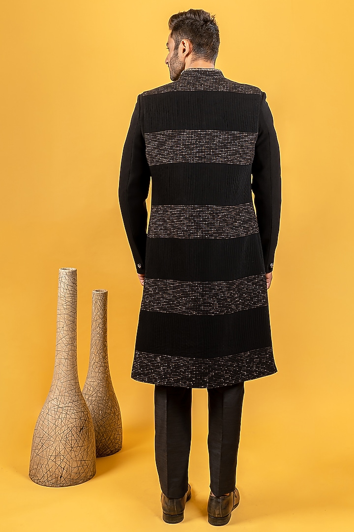 Black Crepe Printed Indo-Western Jacket Set by Soniya G Men at Pernia's Pop Up Shop
