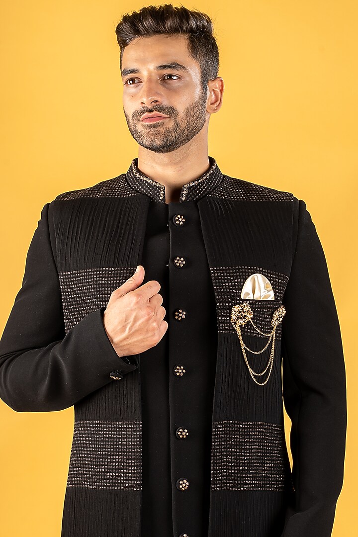 Black Crepe Printed Indo-Western Jacket Set by Soniya G Men at Pernia's Pop Up Shop