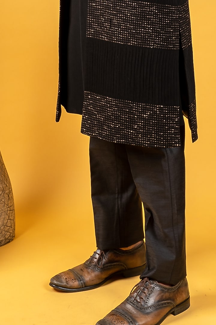 Black Crepe Printed Indo-Western Jacket Set by Soniya G Men at Pernia's Pop Up Shop