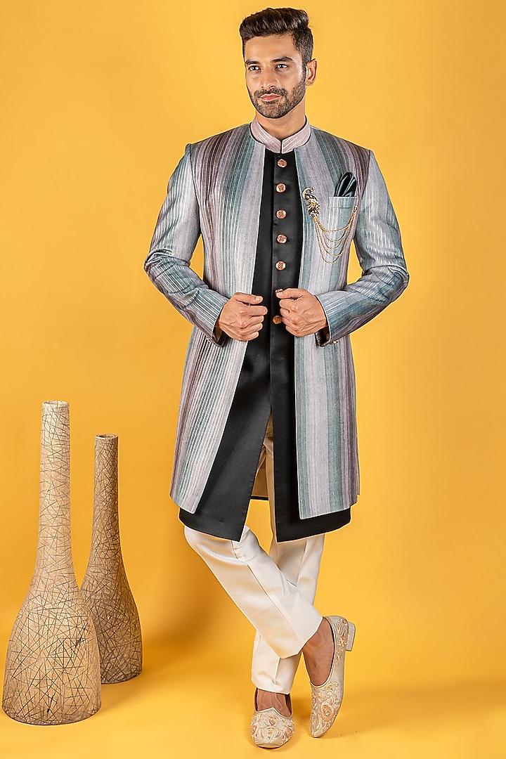 Multi-Colored Suede Indo-Western Jacket Set by Soniya G Men
