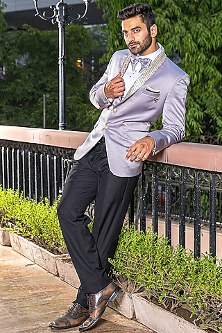 Lilac Suede Embroidered Tuxedo Set by Soniya G Men