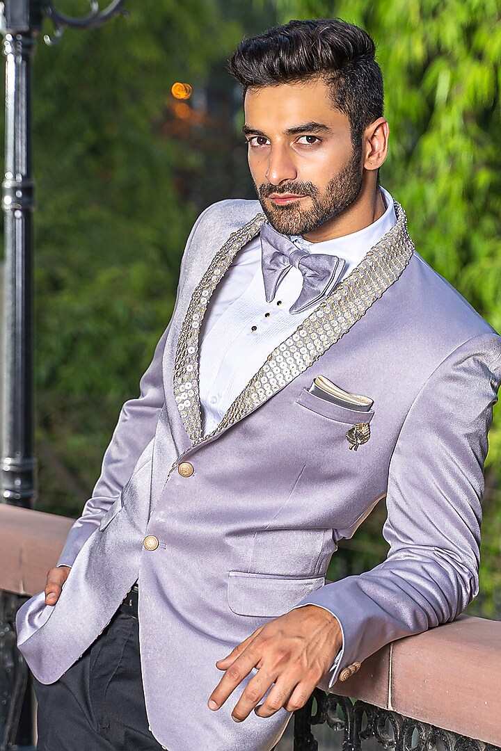 Lilac Suede Embroidered Tuxedo Set by Soniya G Men at Pernia's Pop Up Shop