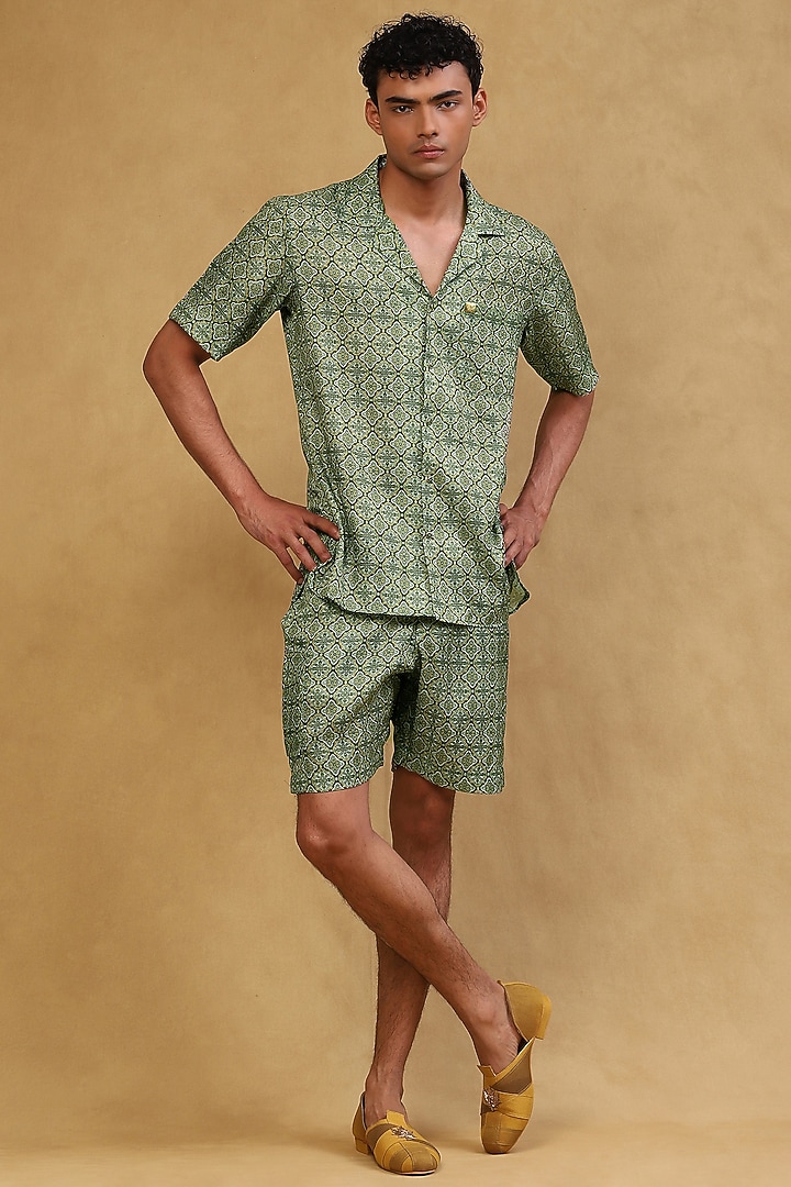 Bottle Green Cotton Satin Printed Co-Ord Set by Soniya G Men at Pernia's Pop Up Shop