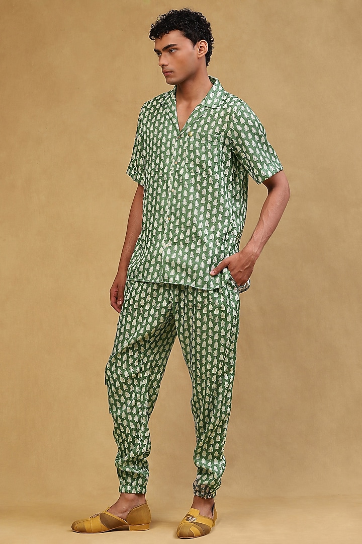 Emerald Green Cotton Satin Printed Co-Ord Set by Soniya G Men at Pernia's Pop Up Shop
