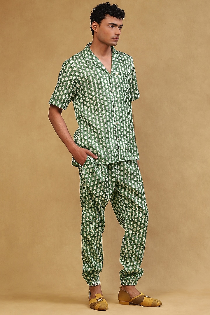 Emerald Green Cotton Satin Printed Co-Ord Set by Soniya G Men at Pernia's Pop Up Shop