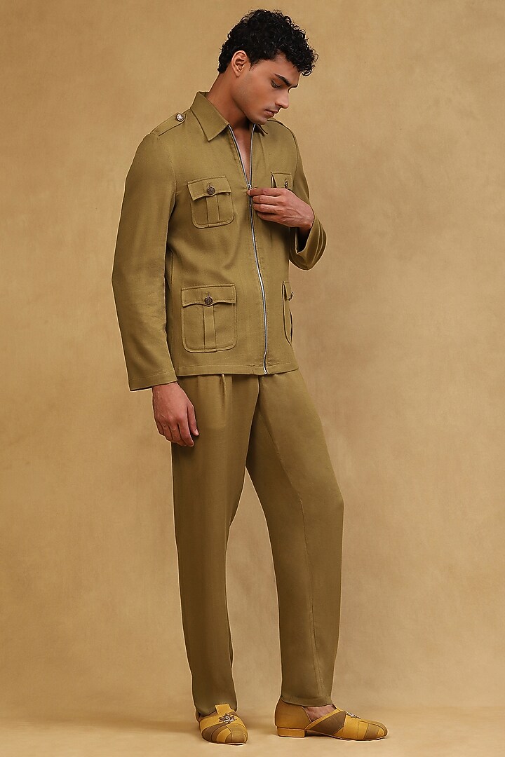 Olive Green Crepe Co-Ord Set by Soniya G Men at Pernia's Pop Up Shop