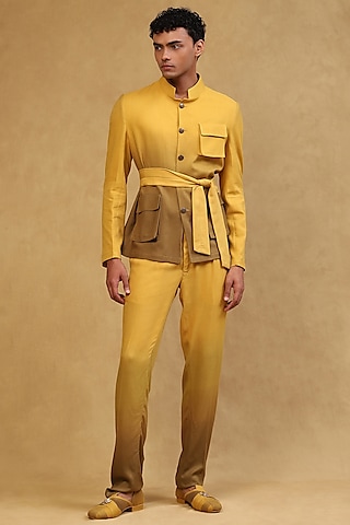 Mustard Yellow Ombre Crepe Co-Ord Set by Soniya G Men