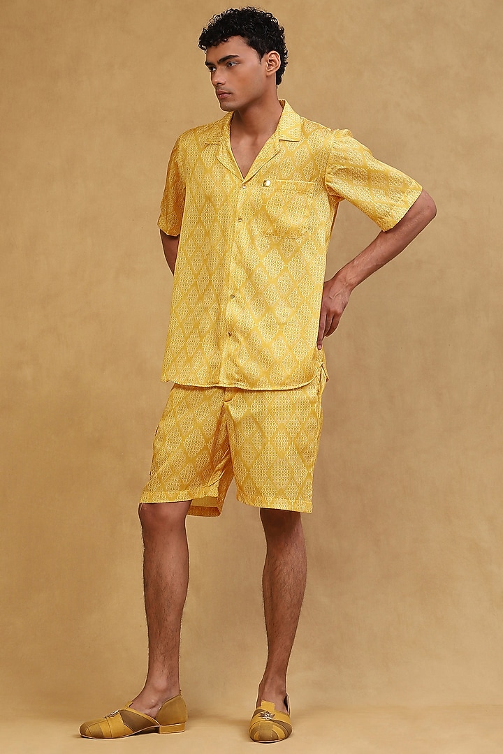 Lime Yellow Cotton Satin Printed Co-Ord Set by Soniya G Men at Pernia's Pop Up Shop