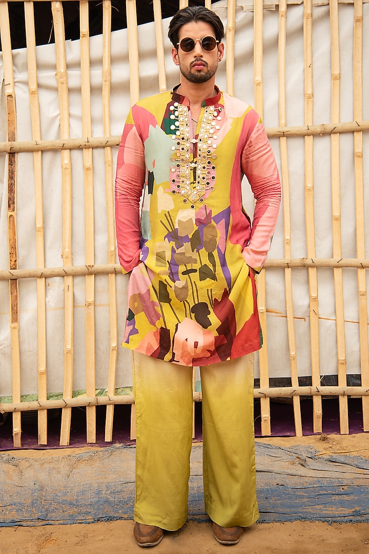 Multi-Colored Silk Blend Floral Printed & Mirror Embroidered Kurta Set by Soniya G Men