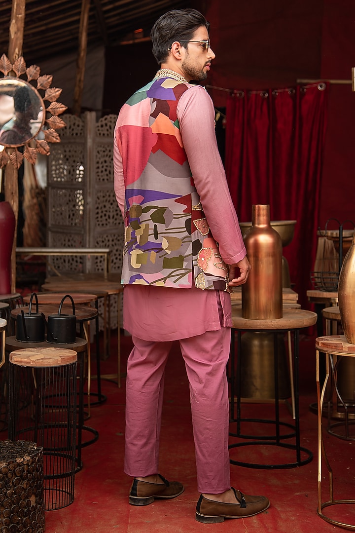 Multi-Colored Cotton Silk Floral Printed & Mirror Embroidered Indo-Western Set by Soniya G Men at Pernia's Pop Up Shop