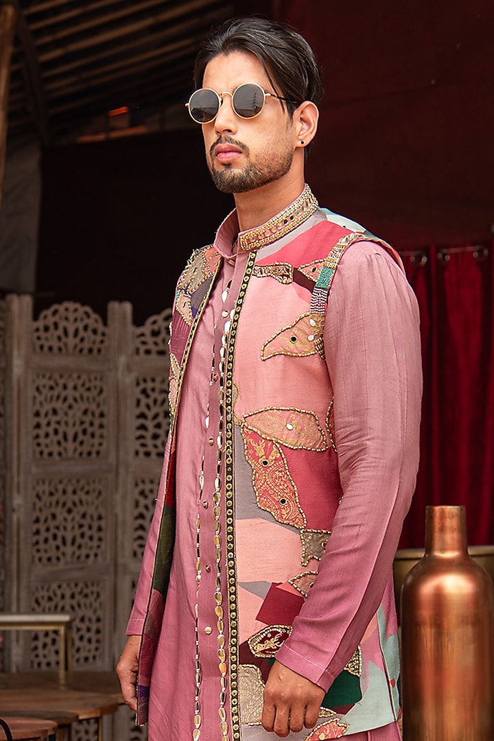 Multi-Colored Cotton Silk Floral Printed & Mirror Embroidered Indo-Western Set by Soniya G Men at Pernia's Pop Up Shop